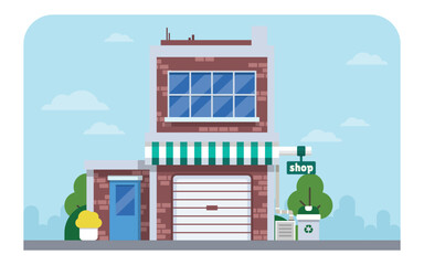 Fototapeta premium Small Modern City Shop Icon with Recycling Bin and Red Awning - Clean Editable Flat Vector Illustration