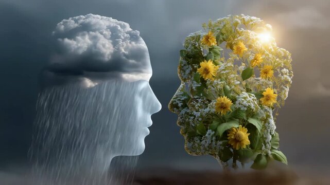 Nature duality: cloud rain face meets sunflower foliage silhouette