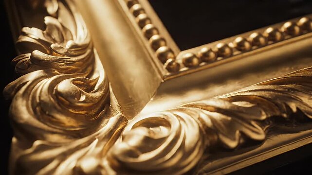 Ornate Golden Picture Frame Detail - A close up shot showcases the corner of a golden picture frame, revealing intricate carved details.