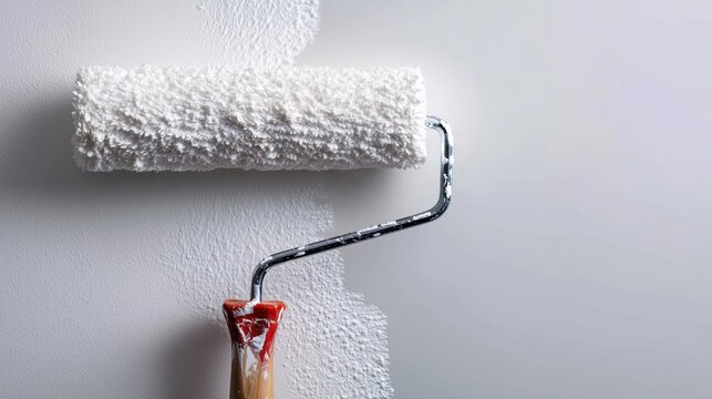 Close-up of a paint roller applying thick white paint to a wall