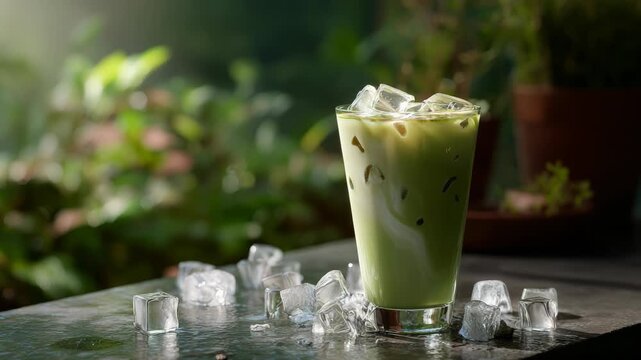 Refreshing iced matcha latte served on a rustic outdoor table with ice cubes and a lush garden