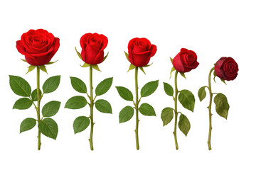 Obraz premium Red roses life cycle showing stages from fresh bloom to wilting and decay, transparent background
