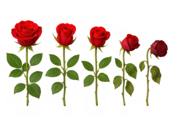 Red roses life cycle showing stages from fresh bloom to wilting and decay, transparent background
