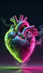 Colorful vapor trails move around a futuristic heart in a psychedelic style