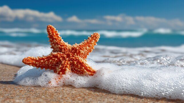 Bright orange starfish being washed by ocean foam on a sunny beach