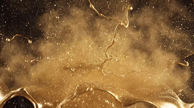 Golden Liquid Splash Abstract - A captivating shot features a dynamic splash of golden liquid or paint against a dark background, complemented by a dusting of golden glitter.