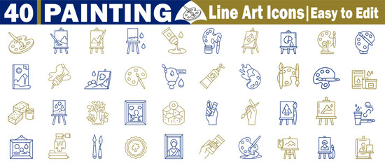 Painting line art icons, easy to edit, vector collection with artist tools and art supplies. © Logo Solution
