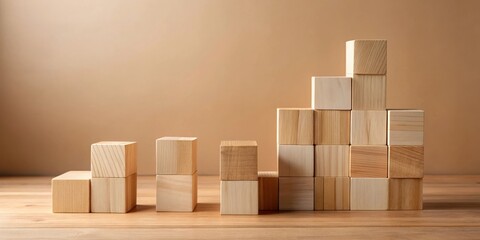 Wooden blocks arranged in ascending order on a table against a neutral background, representing growth, progress, and development.