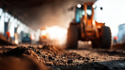 Low-angle view of a construction site with rough dirt ground and heavy machinery at sunrise