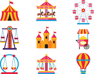 Amusement park and carnival icon set with ferris wheel carousel circus tent and hot air balloon © Bappi