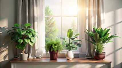 Serene Windowsill Garden Sunlight Illuminates Lush Houseplants in Elegant Pots on a Wooden Sill