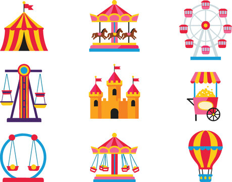 Amusement park and carnival icon set with ferris wheel carousel circus tent and hot air balloon