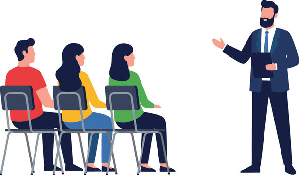 Professional businessman speaker giving presentation to audience sitting on chairs isolated on white background flat vector illustration
