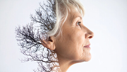 Double exposure portrait merging elderly woman profile with bare trees, symbolizing aging, memory, neural connections, cognitive decline, dementia awareness, mental health, life cycle concept
