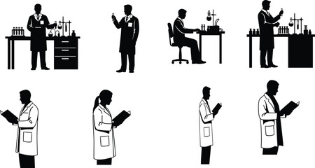 Scientist silhouette illustration, laboratory research vector, academic analysis graphic, science activity scene, cad drawing flat vector illustration