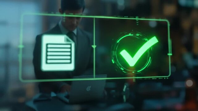 Approval and rejection interface concept with document icons and a green tick that can be pressed with a finger. 4k video