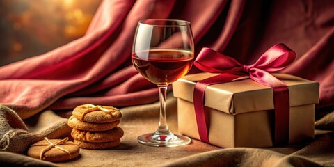 A celebratory moment captured  elegant wine glass, a beautifully wrapped gift, and delicate cookies arranged on a rich fabric backdrop, creating a scene of refined gifting and festive cheer.