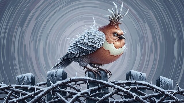 Bird perched on frosty twigs in winter.