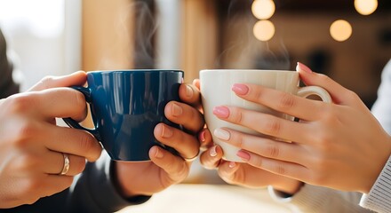 Couple's hands holding coffee mugs.