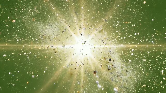 Glowing Particles Explosion on Green Background - A dynamic scene features a burst of glowing particles exploding against a vibrant green background.