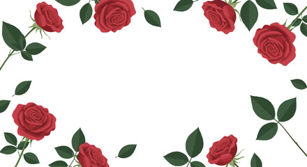Red roses and green leaves forming a border on a white background template for greeting card