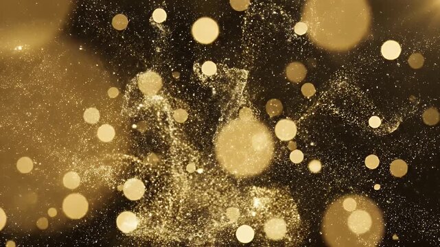 Golden Bokeh Particle Stream - This video displays a swirling stream of golden particles against a dark background, interspersed with blurred golden bokeh circles.