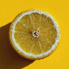 Lemon slice, textured surface, against a vivid yellow backdrop