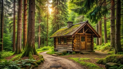 A Rustic Wooden Cabin Nestled Amongst Tall Evergreen Trees on a Mossy Path Bathed in Sunlight