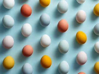 Colorful easter eggs pattern on blue surface texture background