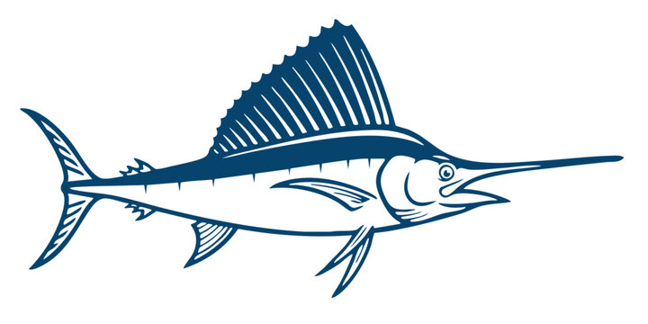 High contrast aquatic animal icon of a sailfish for digital graphic applications