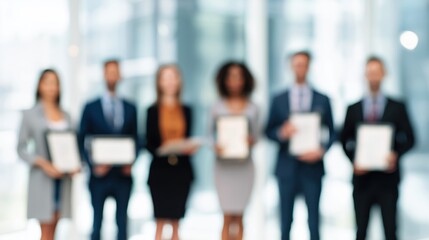 Blurred group of business professionals holding certificates or awards in an office