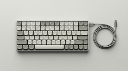 Minimalist mechanical keyboard with coiled cable on neutral background, modern tech flat lay for workspace, coding, gaming, product mockup, and technology branding.