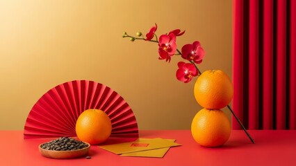 Auspicious Chinese New Year still life composition featuring oranges, red orchid, gold envelopes, and decorative elements on a vibrant red and golden background.