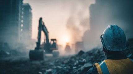 Obraz premium Construction worker in a hard hat looking at a blurred demolition or construction site at sunset