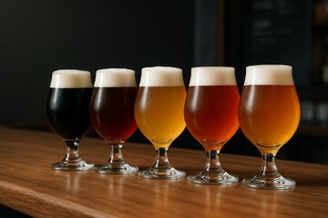 Assorted craft beer glasses with foam heads on wooden bar counter in dark pub background, showcasing variety of drink colors and brewing styles concept. Ai generative