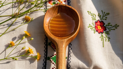 Wooden ladle with honey rests on embroidered fabric, surrounded by small yellow flowers, creating warm and rustic atmosphere