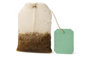 Used wet tea bag with water drops and unbranded green label on a transparent background, brewing hot beverages