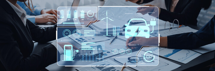 Modern Business Meeting Focused on Technology and Innovation in Automotive Industry with Interactive Data Visualizations and Analysis Trope.