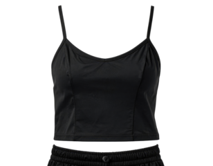 Black cropped camisole top with spaghetti straps and matching elastic waistband shorts