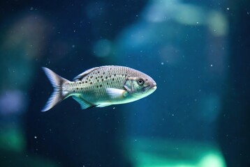 Naklejka premium A spotted fish with shimmering scales and a prominent eye swims gracefully through the deep blue-green water, illuminated by soft light and surrounded by floating…