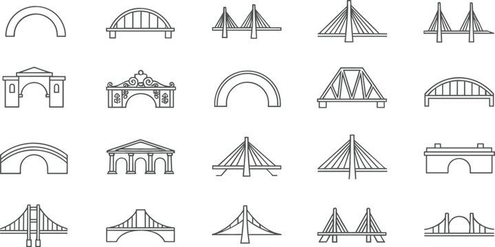 A diverse collection of black and white thin-line icons showcasing various architectural bridge designs, including cable-stayed and arch structures