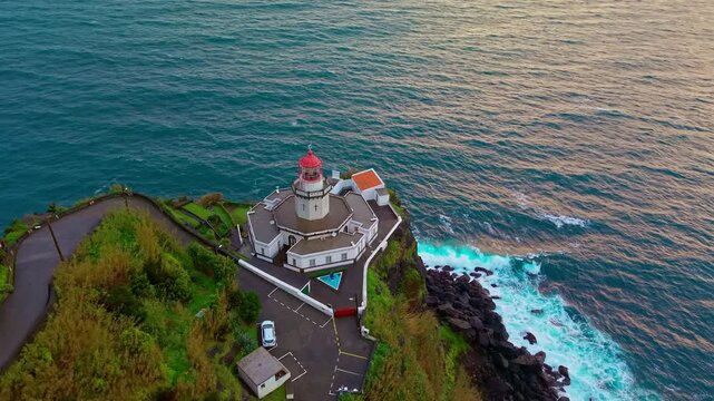 Aerial view of Arnel Lighthouse on Sao Miguel Island, Azores
