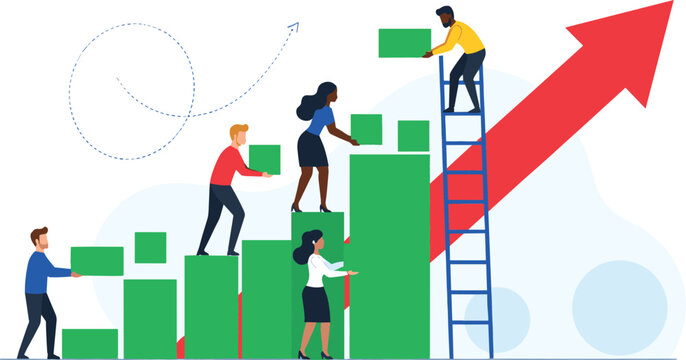 Diverse team of business professionals working together to build a growing bar graph, symbolizing shared success, financial growth, and teamwork