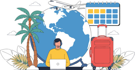 Travel agent or tourist planning a global vacation itinerary, checking flight availability and booking hotel dates using a laptop computer