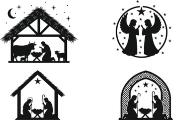 Classic black silhouette Nativity scenes and Christmas angel designs for holiday decorations, religious stencils, and greetings © Bappi