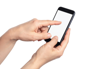 Hands holding smartphone with blank white screen, finger touching display in typing gesture