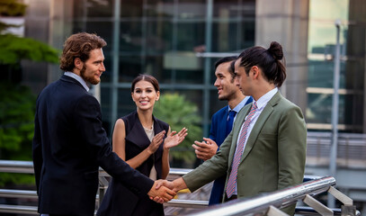 Successful Business Partnership Handshake which Business Partners and factors relationship marketing for reach successful achievement and meeting commit concept	