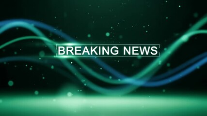 Dynamic graphic design featuring 'Breaking News' with vibrant green and blue waves, ideal for media and broadcasting contexts.