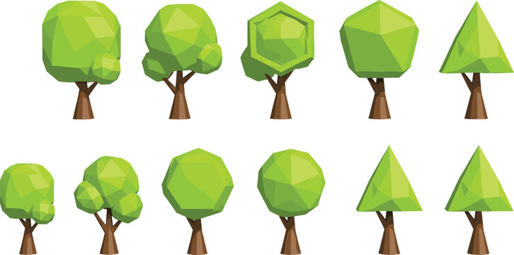 Set Of Low Poly Geometric 3D Trees In Different Shapes Isolated On A White Background Vector Graphic Collection