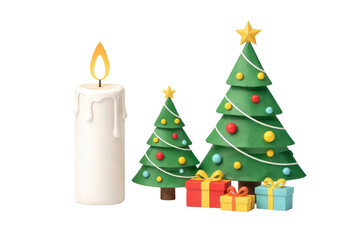 Naklejka premium Orthodox christmas day festive decorations featuring a candle and two decorated trees with colorful gifts white background cutout